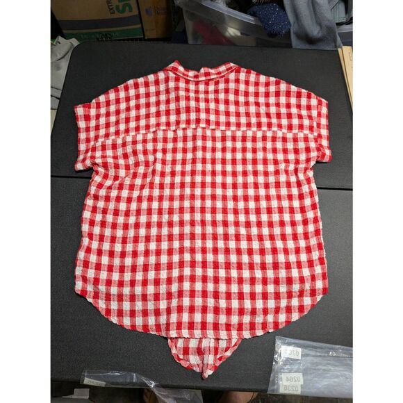 Jane + Delancey Top Red Gingham Check Short Sleeve Button Up Flowy Picnic Women' - Picture 2 of 4